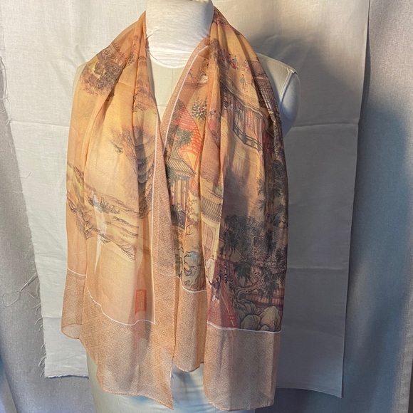 Elegant Tan Silk Scarf with Scenic Print